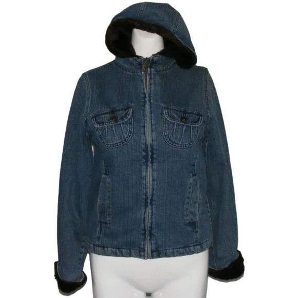 Vintage LEE Hooded Denim Coat, YL, Blue, Brown Fuzzy lining, Zipper, Pockets - Picture 1 of 15